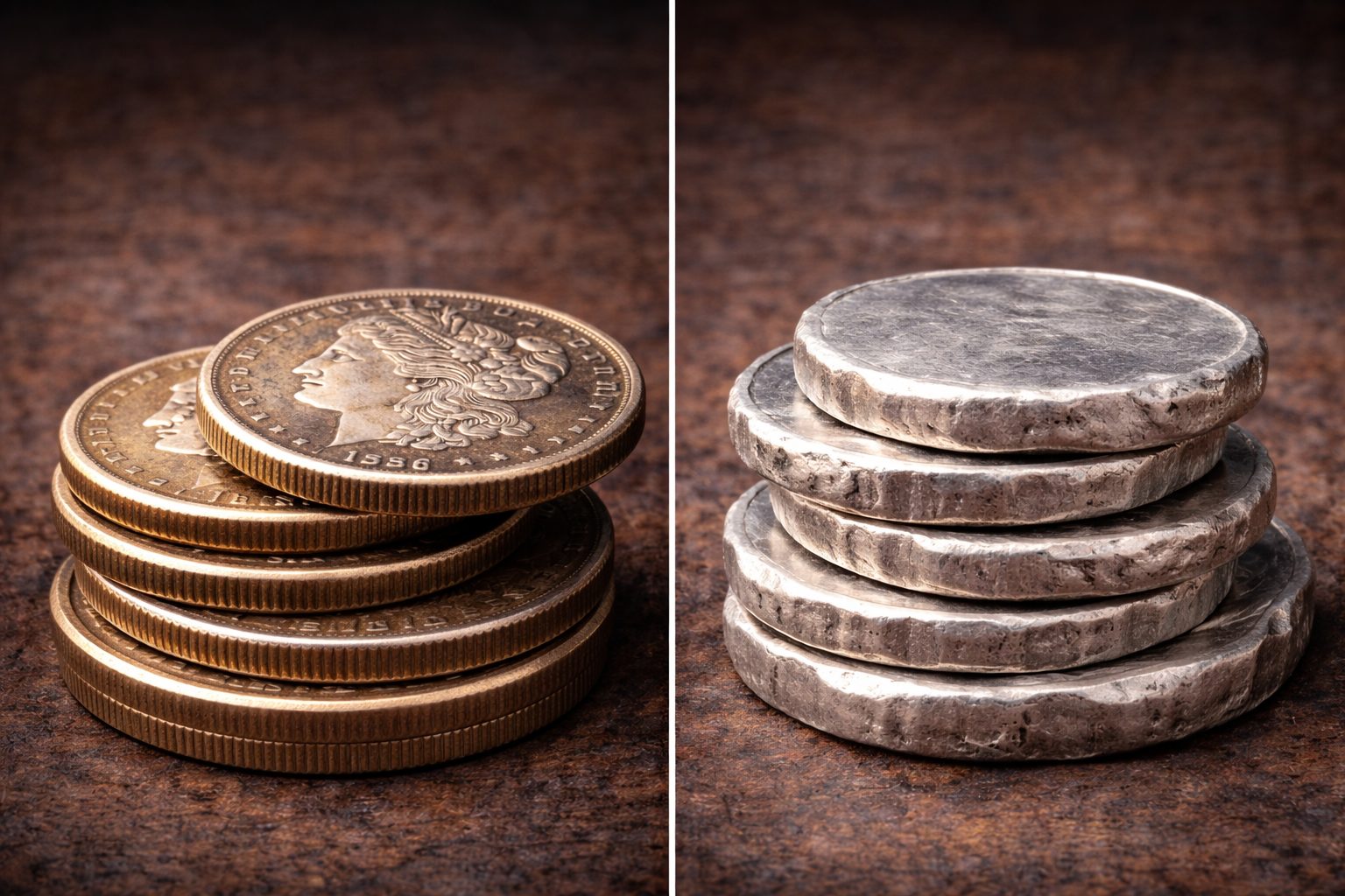 Stack of historic silver coins next to hand-poured silver rounds viewed from the side