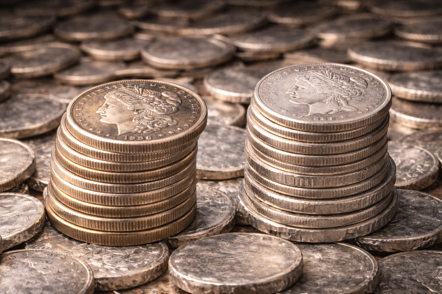Side view stacks of Morgan silver dollars and Peace silver dollars resting on silver