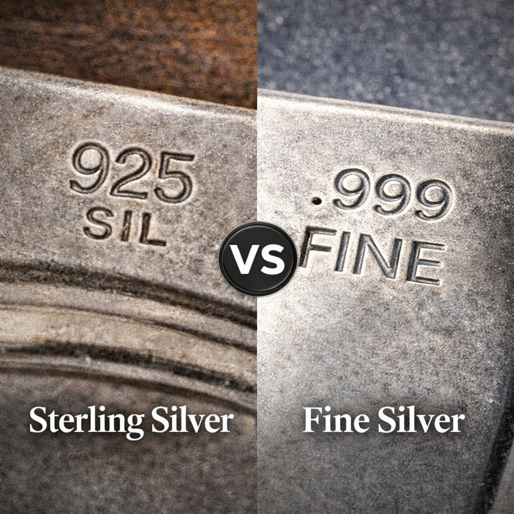 Sterling silver and fine silver jewelry shown side by side to illustrate tarnish, wear, and surface differences over time.