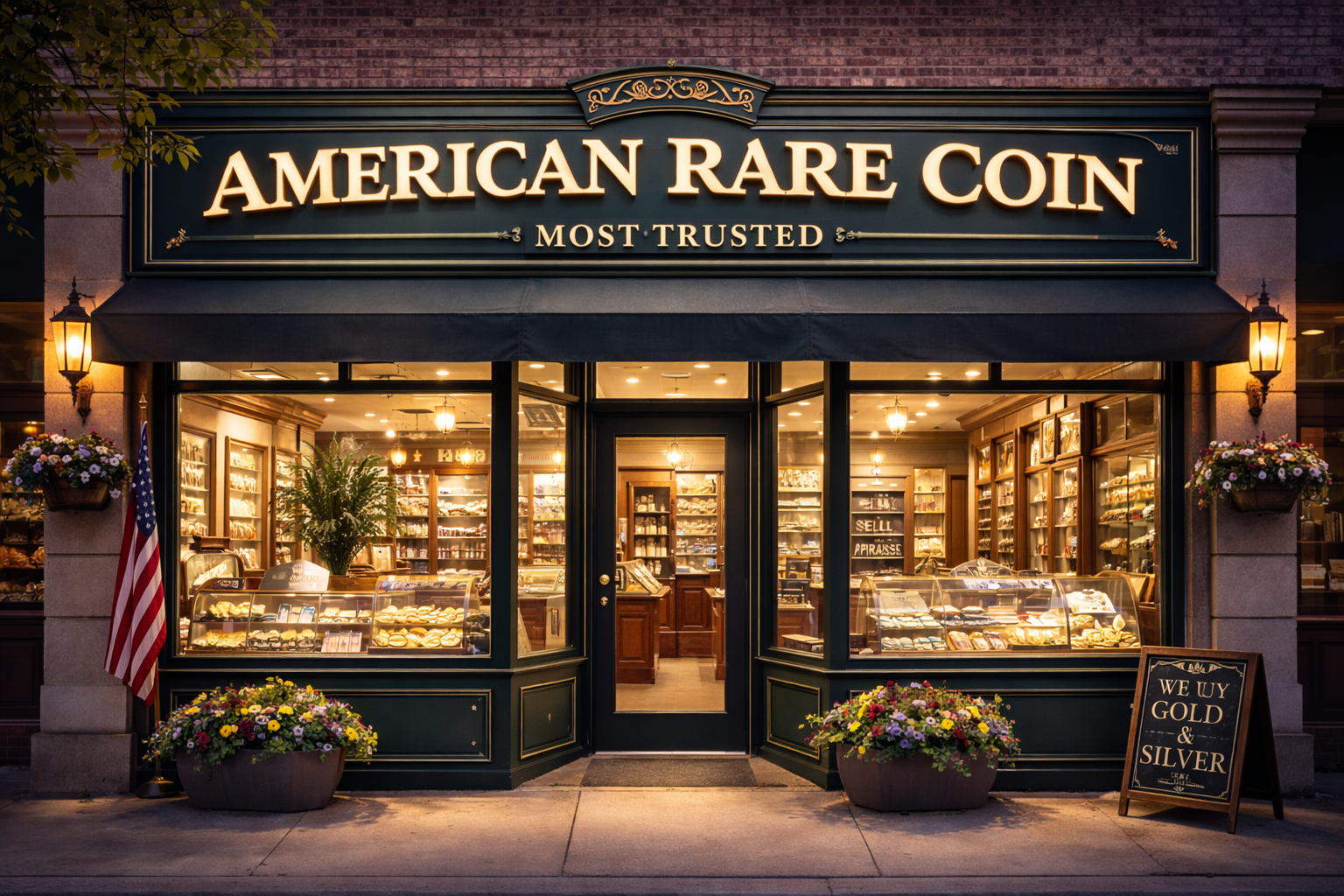 American Rare Coin storefront with warm lighting and coin displays, labeled most trusted