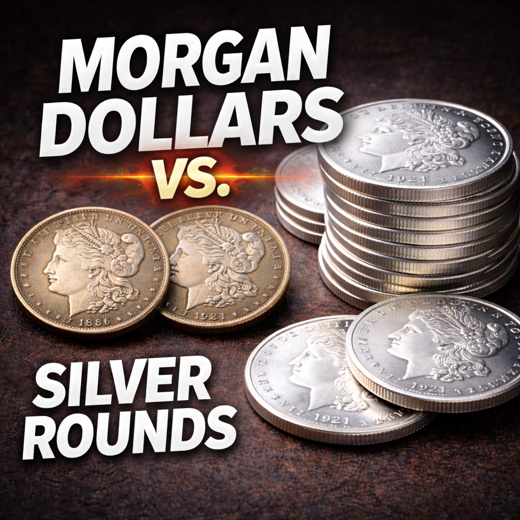 Silver coins and silver rounds side by side representing different types of silver investments
