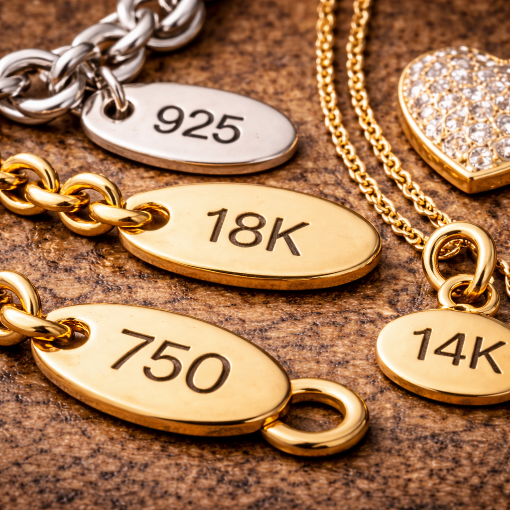 Close-up of jewelry stamps showing 925 silver and gold purity markings used to identify jewelry