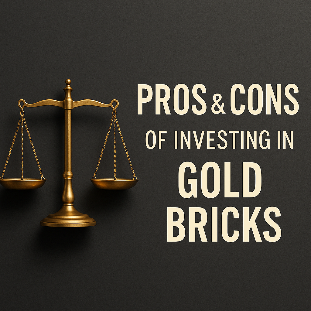 Brass balance scale beside the text “Pros & Cons of Investing in Gold Bricks” on a dark background.