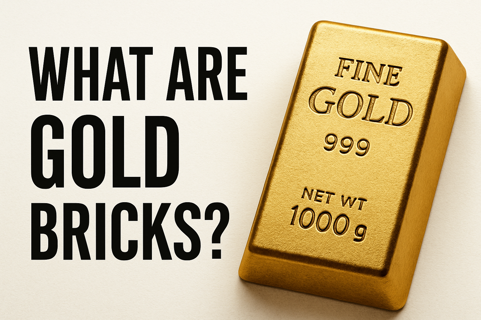 Gold bar engraved with purity markings beside text reading “What Are Gold Bricks?” on a clean light background.