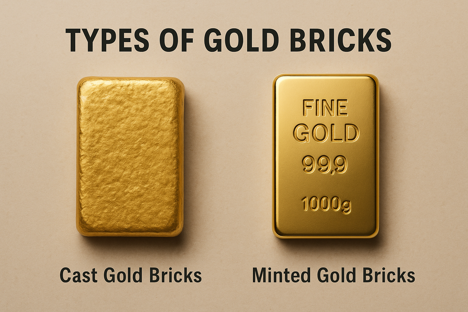 Side-by-side comparison of a cast gold brick and a minted gold brick beneath the heading “Types of Gold Bricks.”