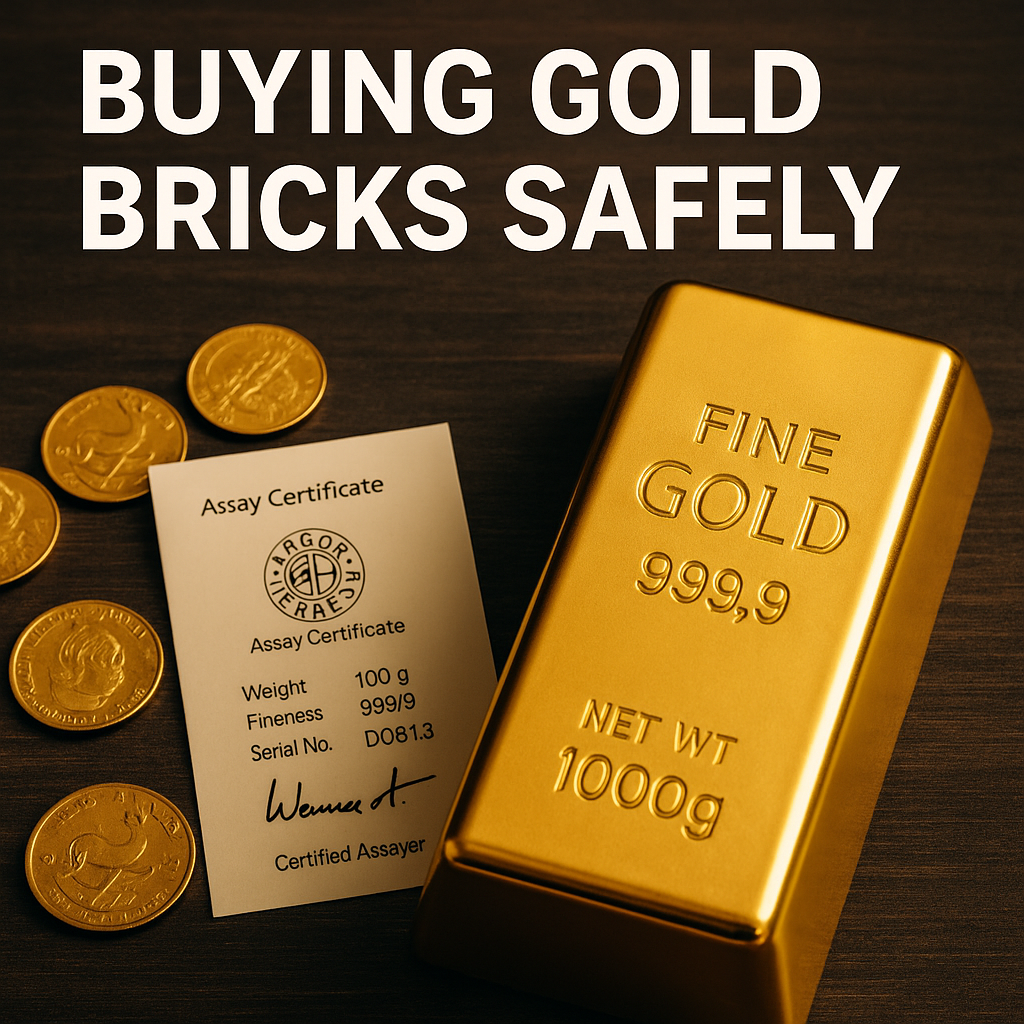 Gold bar, assay certificate, and gold coins arranged on a dark wooden surface under the heading “Buying Gold Bricks Safely.”