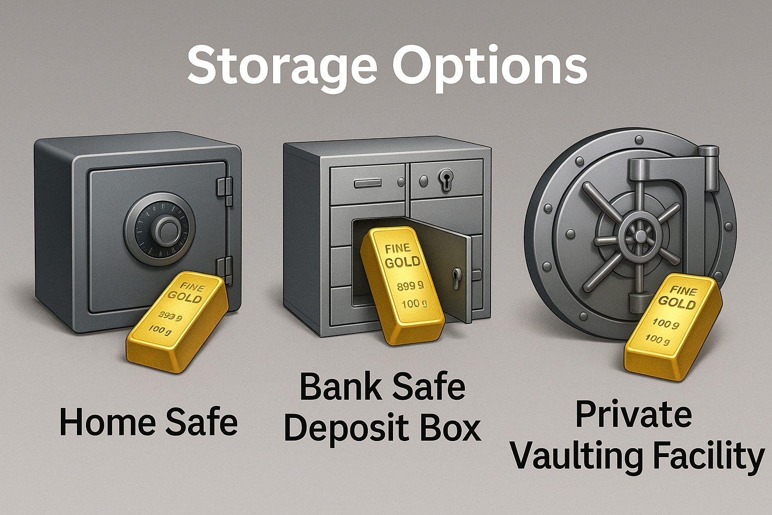 Illustration showing a home safe, bank deposit box, and private vault facility as different storage options for gold bricks.