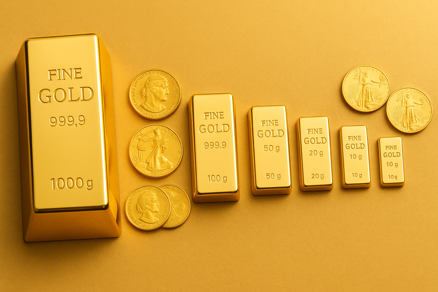 Assortment of gold bars in multiple sizes with several gold coins arranged together on a golden background.