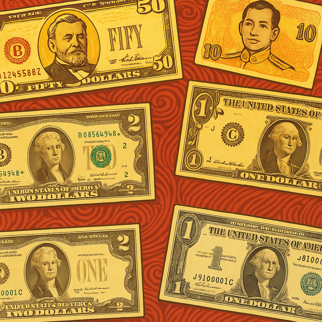 A clean, illustrated thumbnail featuring collectible U.S. and foreign banknotes in warm vintage tones, designed to represent the Collectible Paper Money in Olympia blog.