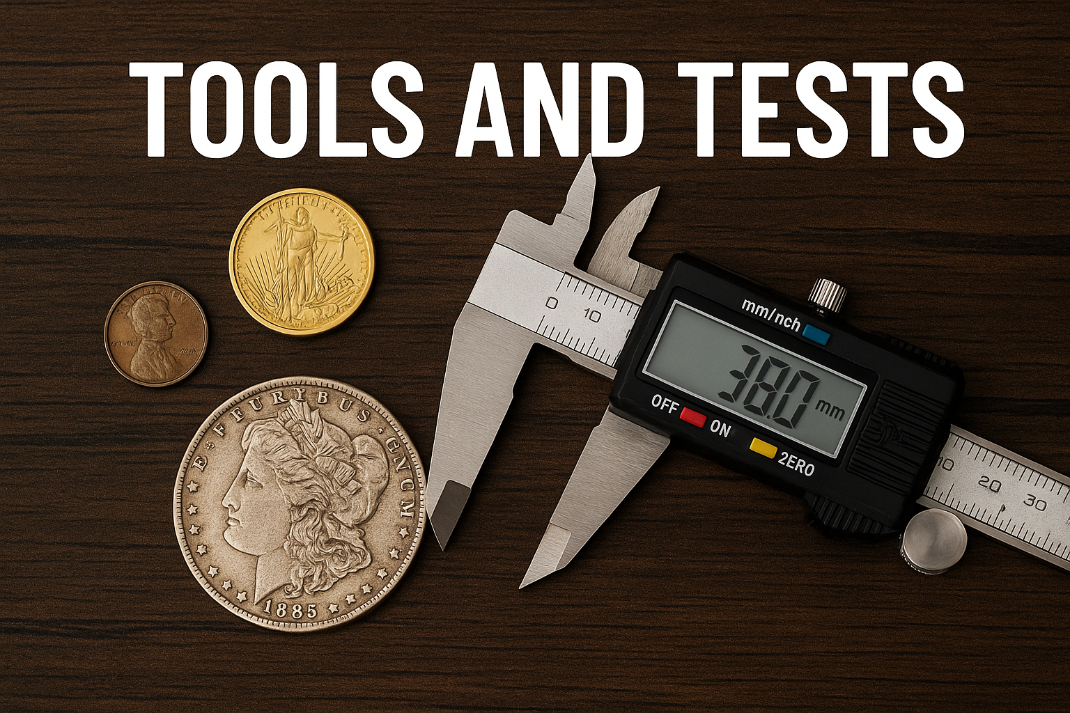 Digital calipers measuring a silver coin beside other coins on a wooden surface.