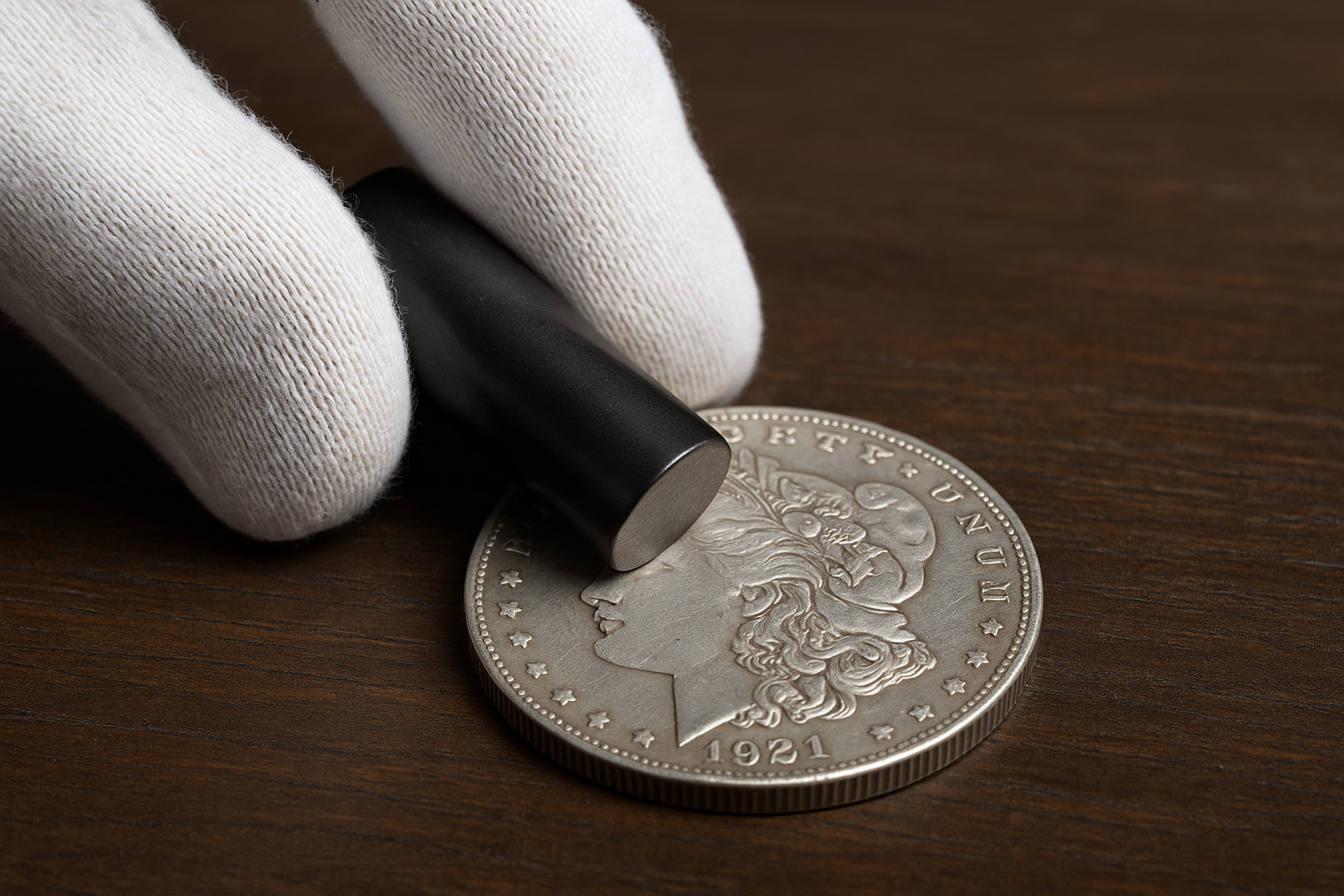 Gloved hand holding a magnet above a silver coin labeled “Magnet Test.” See how magnetism helps detect counterfeit metals quickly and easily.