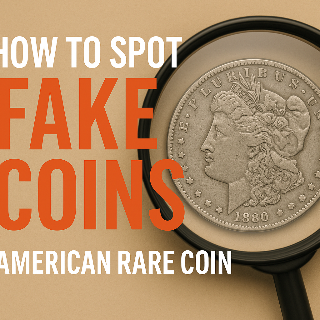 Magnified silver coin with bold text “How to Spot Fake Coins” on beige background.
