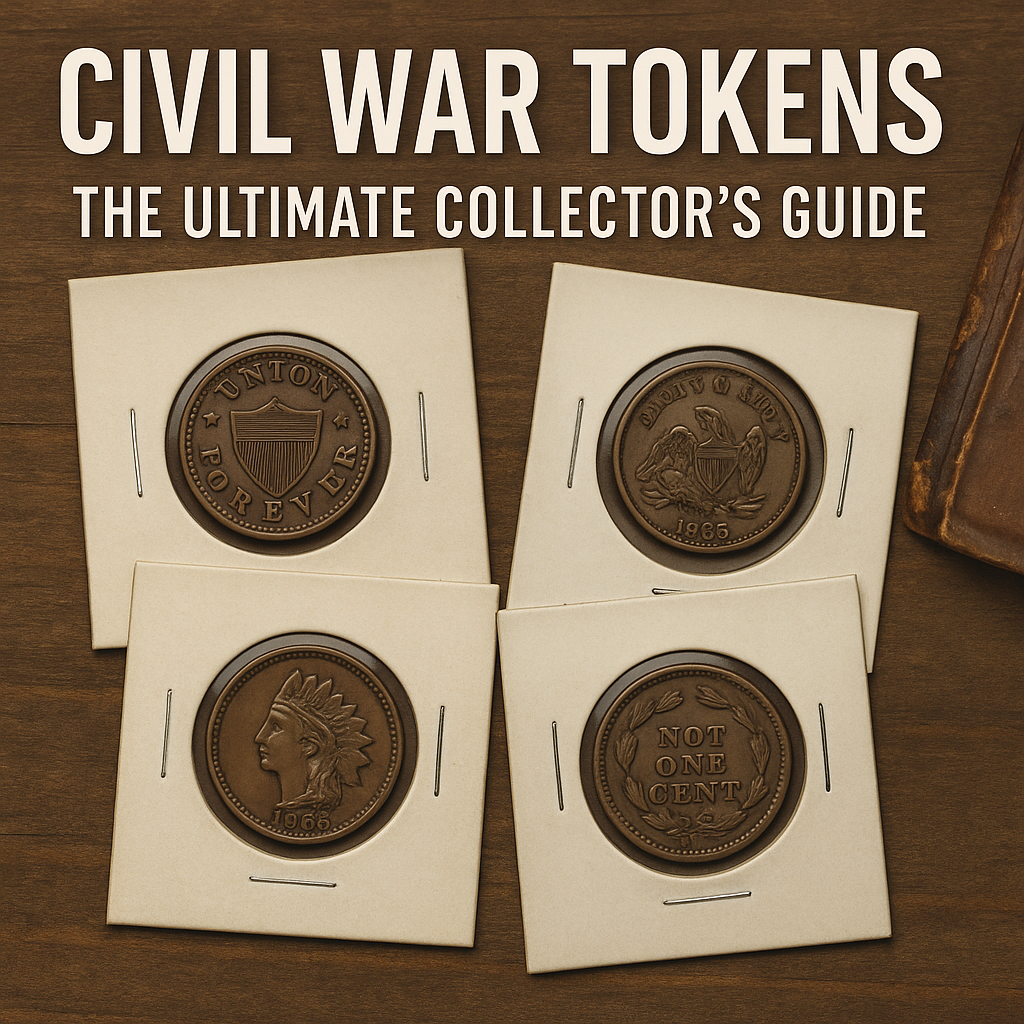 Thumbnail image showing 1863 Civil War tokens including Army & Navy, Indian Head, and Union Forever designs on an antique wooden background.