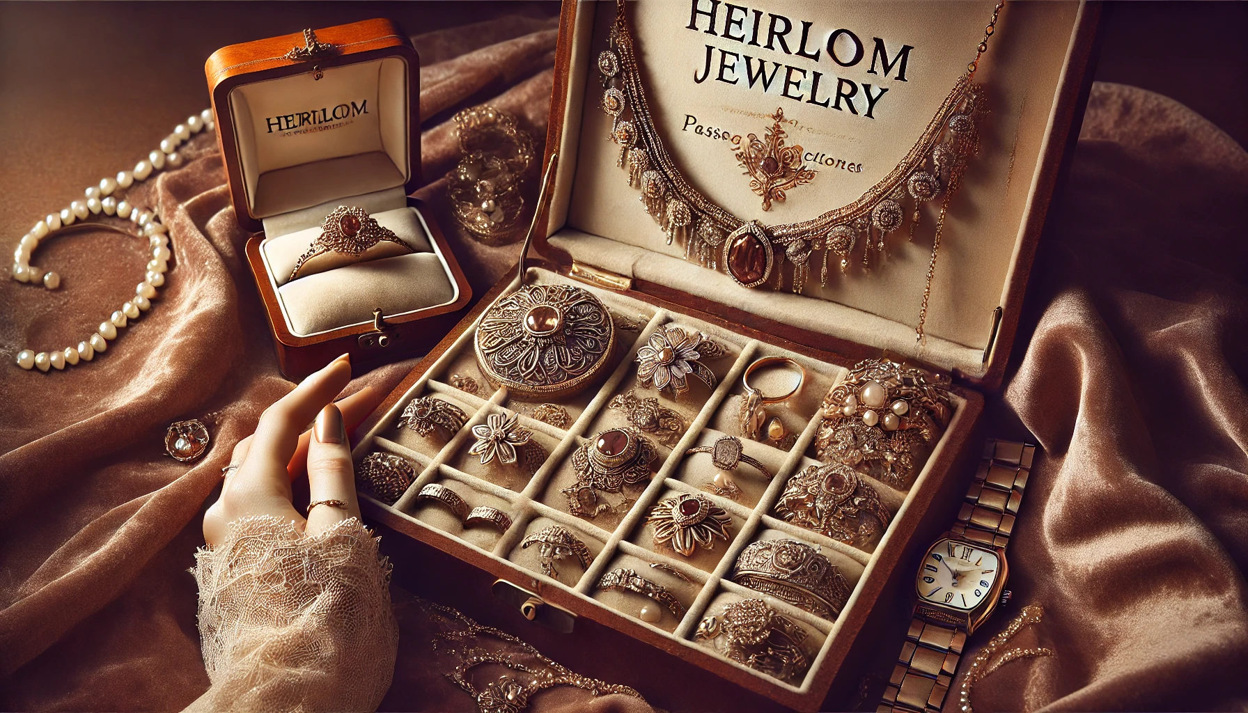 A beautifully arranged display of heirloom jewelry, including vintage necklaces, rings, and bracelets, set on a soft velvet background with warm, inviting light, suggesting the passing down of treasured pieces