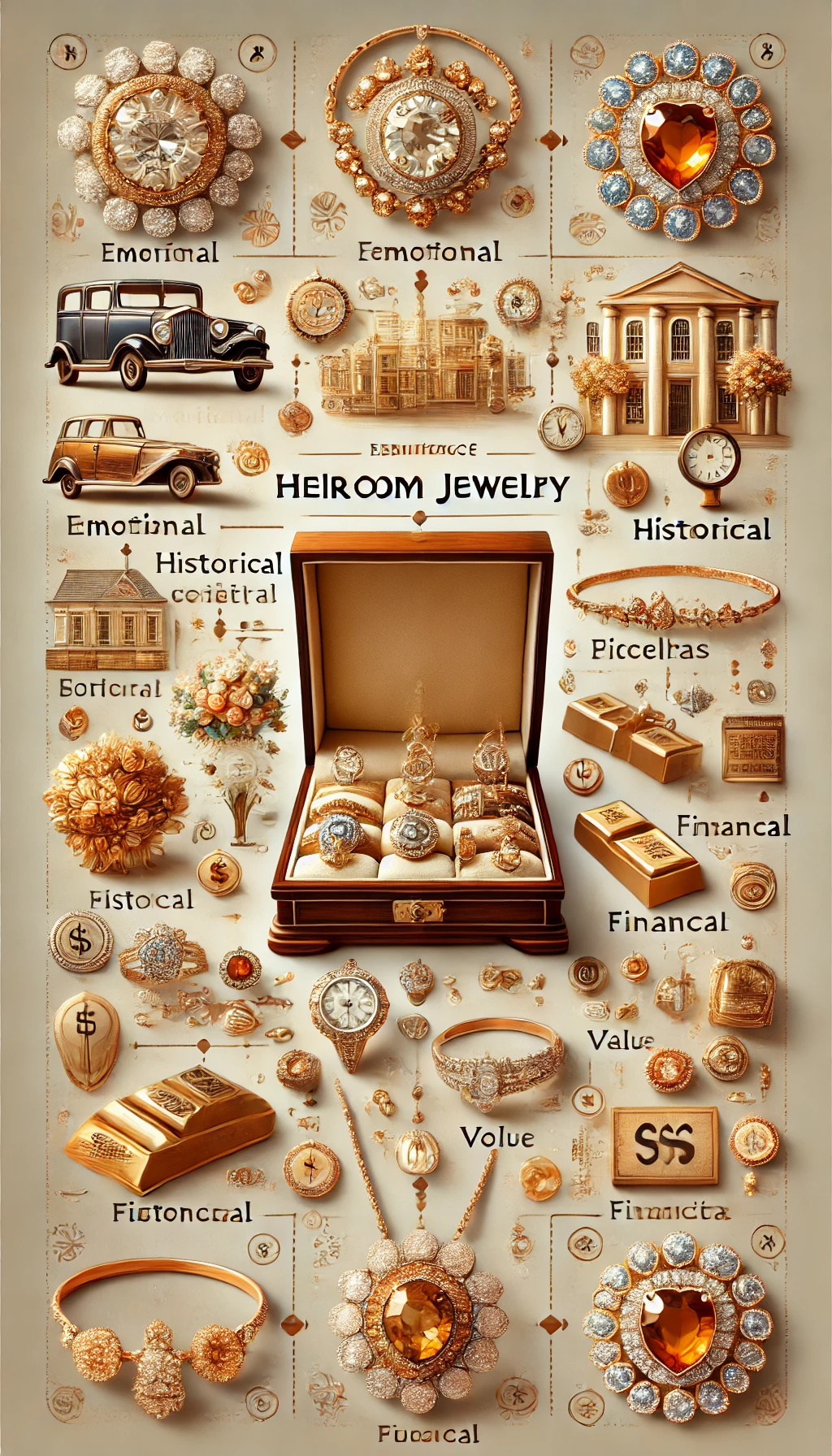 A tall image illustrating the significance of heirloom jewelry, featuring vintage necklaces, rings, and bracelets set against an elegant background. Visual elements represent sentimental connections, historical significance, and financial value, including a family photo, vintage jewelry box, and gold bars.