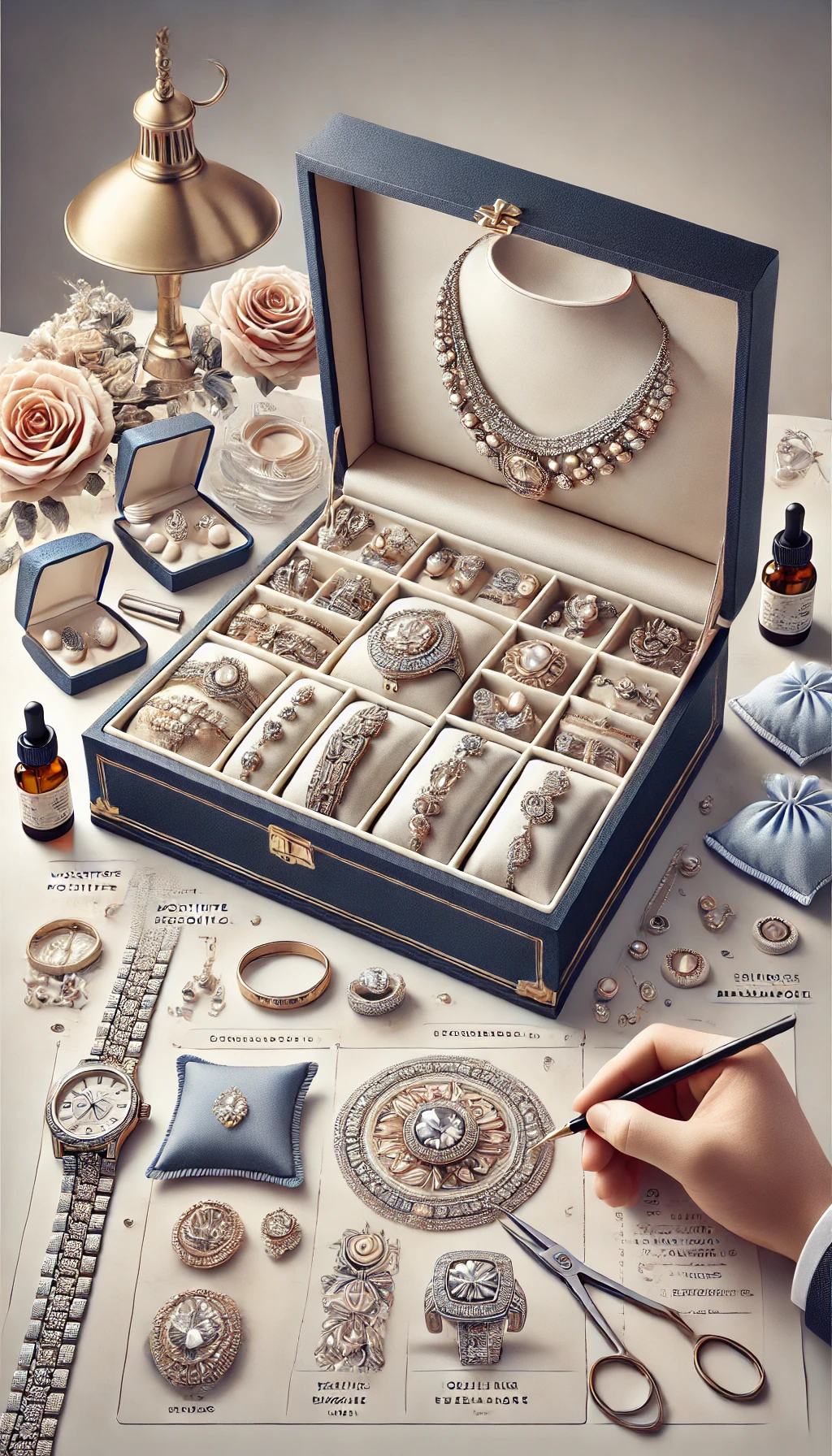 A sophisticated display of heirloom jewelry including necklaces, rings, and bracelets on a soft-lined jewelry box, elegantly lit to emphasize intricate details. The scene includes silica gel packs, a soft cleaning cloth, and a professional appraiser evaluating a piece, illustrating the essential practices for maintaining the beauty and longevity of valuable heirloom pieces.