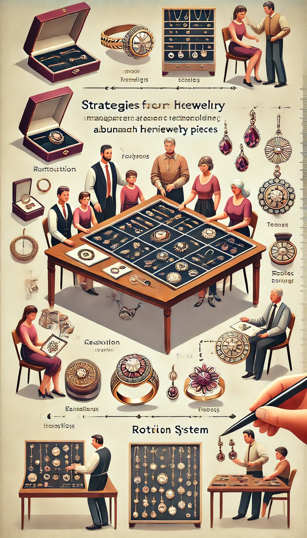 A family organizing heirloom jewelry with a rotation system, showing different members enjoying various pieces. The image includes visuals of larger heirloom pieces being transformed into smaller keepsakes like pendants, earrings, and rings, with tools for customization, in a warm and collaborative setting