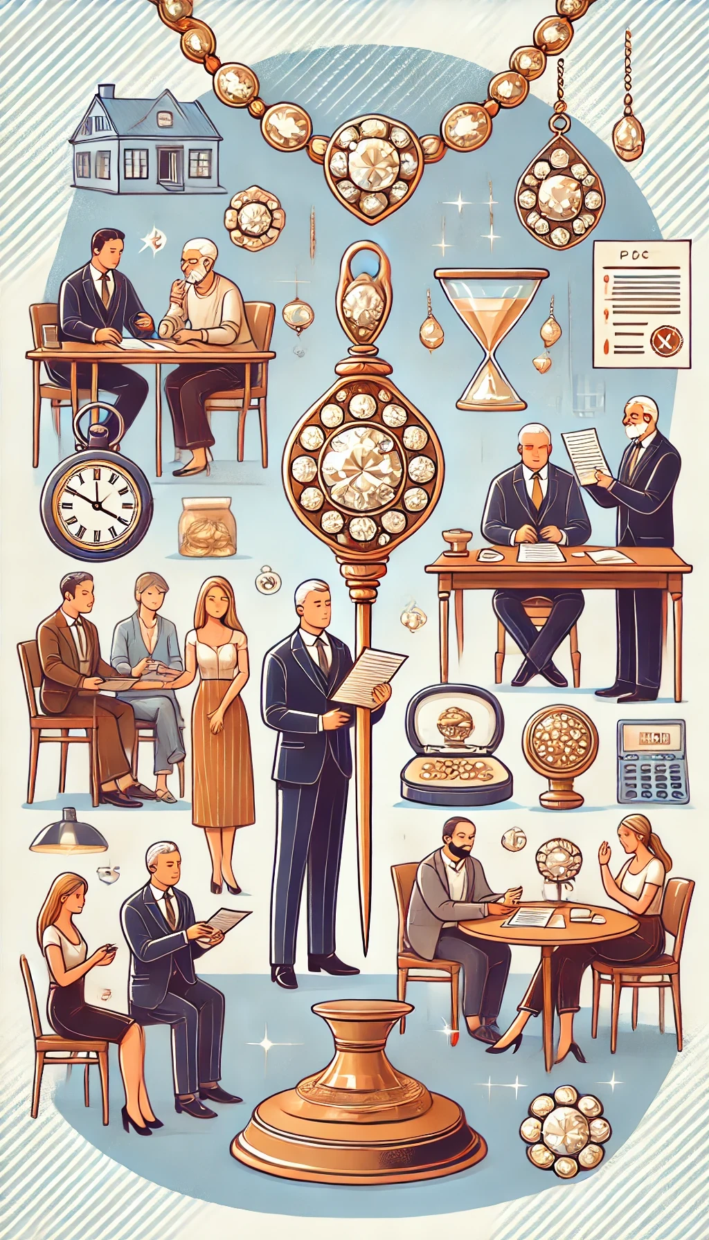 A depiction of the process of selling heirloom jewelry to split the money, showing family members discussing the decision, an appraiser evaluating jewelry, and a transaction with a reputable buyer. The setting is professional yet warm, capturing elements of appraisal, meeting with a buyer, and family discussions