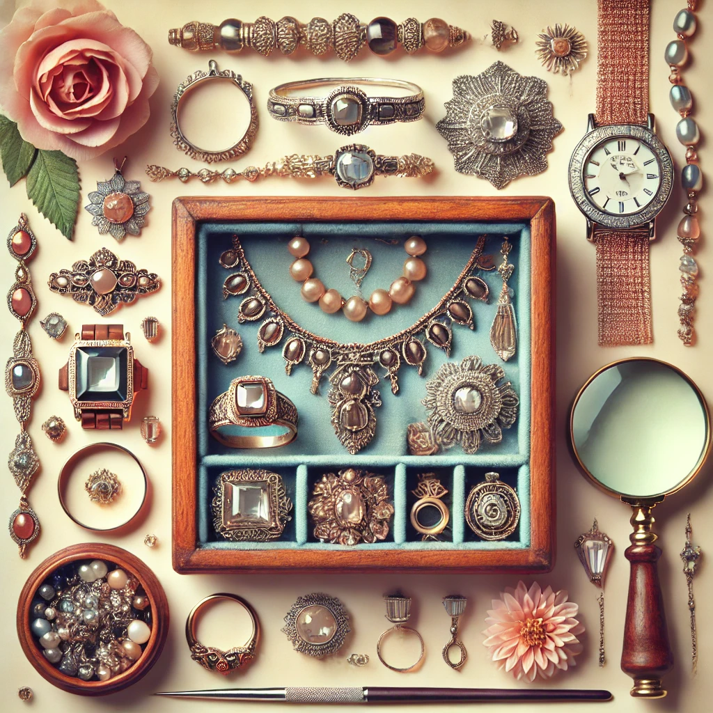 A sophisticated thumbnail image featuring a mix of heirloom jewelry pieces, including vintage necklaces, rings, and bracelets, set against an elegant background with a jewelry box and an appraiser's magnifying glass, symbolizing care and evaluation.