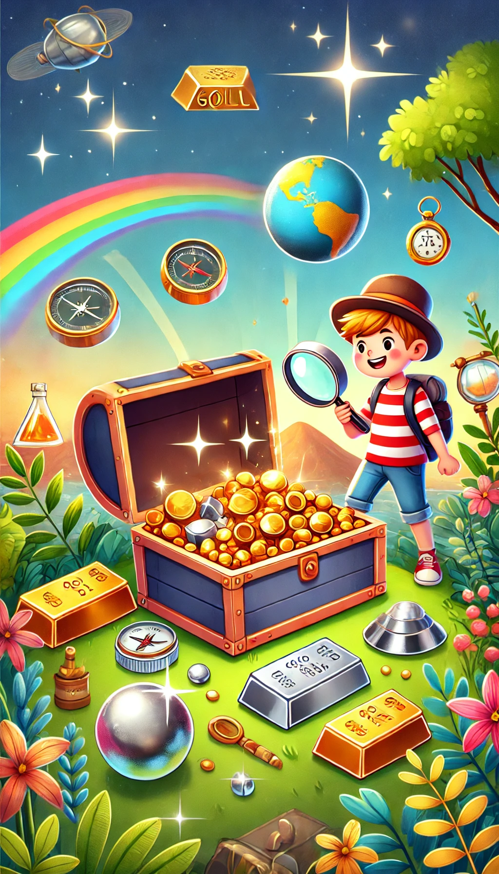 A vibrant image of a kid exploring a chest filled with glittering gold, shiny silver, and sparkling platinum, set in an adventurous background with a magnifying glass and scientific tools, symbolizing the unique properties and value of these precious metals