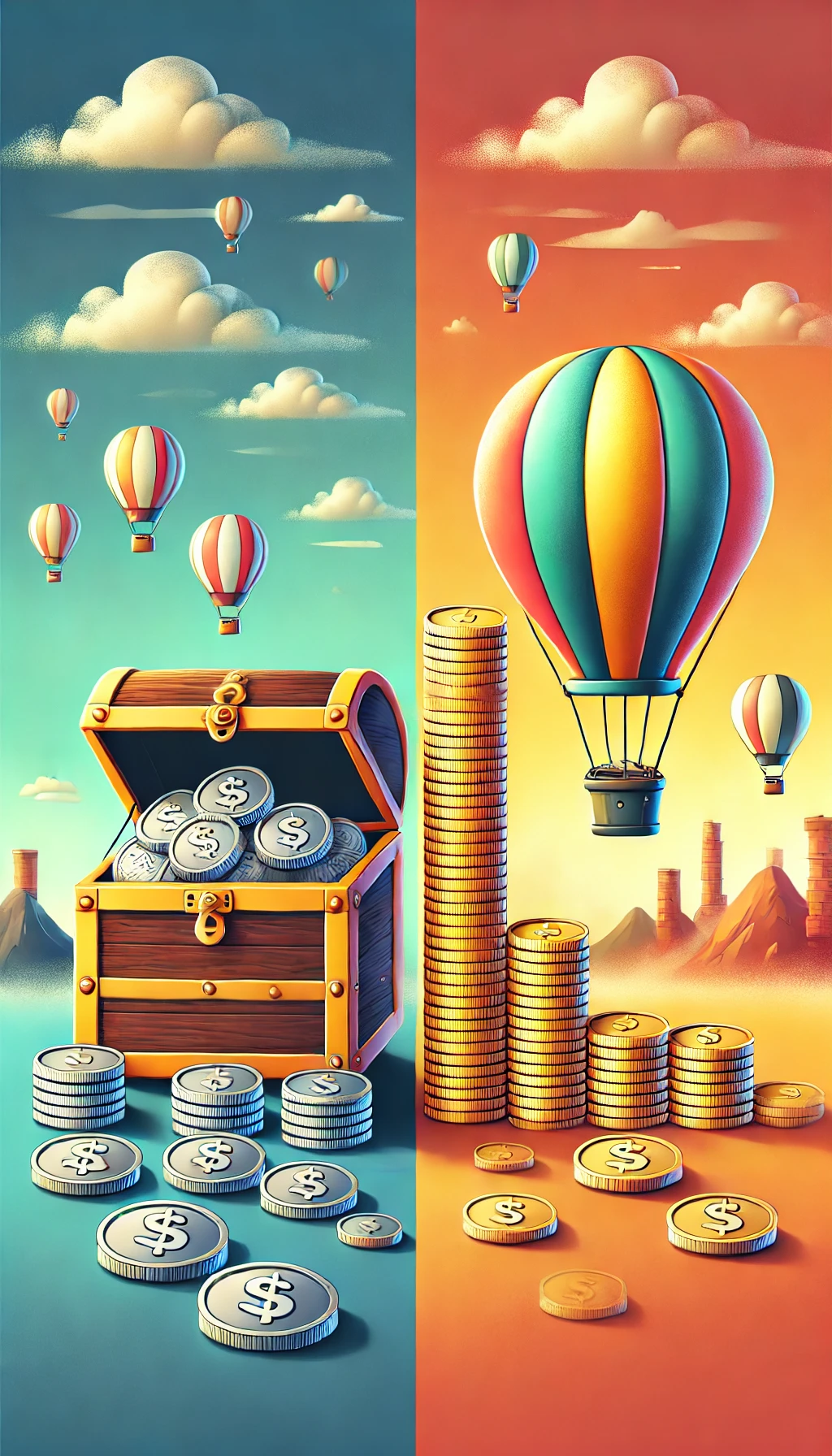 A vibrant and engaging image with two sides: one side shows a chest filled with silver coins, while the other side displays a hot air balloon filled with gold coins. The background symbolizes an investing adventure for kids, with a fun, educational, and inviting tone suitable for a young audience.