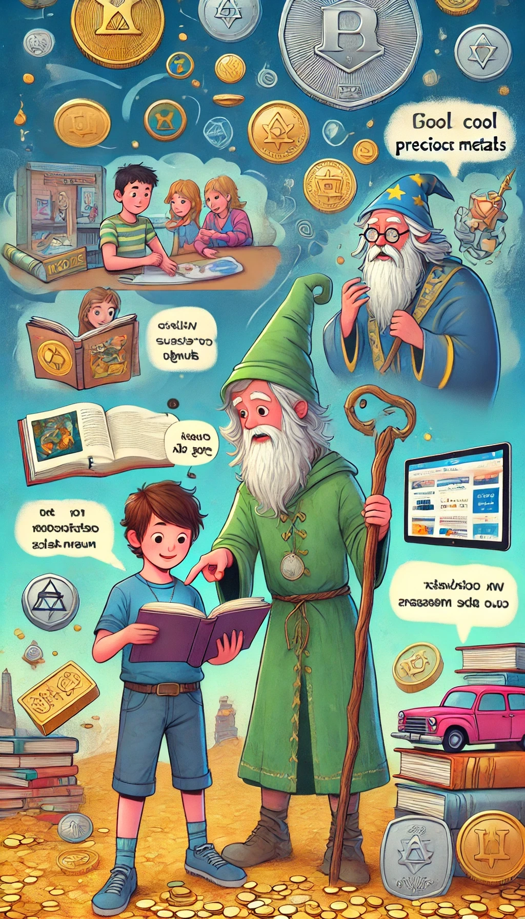 A vibrant and adventurous image showing a kid exploring books and websites about precious metals, chatting with grown-ups, and using apps on a device. A wise wizard-like precious metals dealer guides the kid on their investing journey. The background symbolizes a treasure hunt for knowledge and investment, creating a fun, educational, and inviting tone suitable for a young audience.