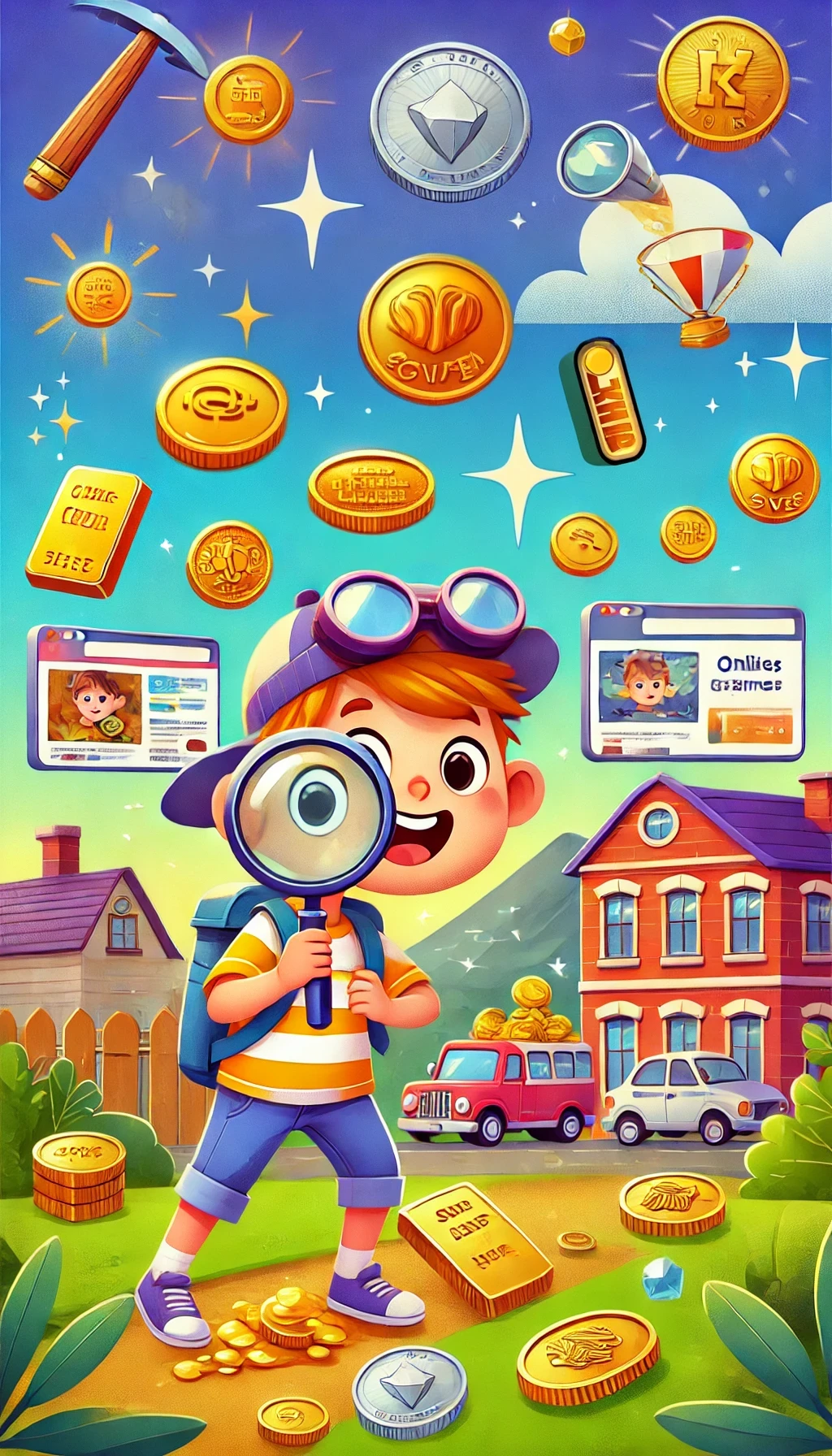 A vibrant and adventurous image showing a kid on a treasure hunt with a magnifying glass, exploring their home or neighborhood for shiny objects like old coins or jewelry. The image also includes elements like online games or videos about gold, silver, and other precious metals, depicting the excitement of discovering their authenticity or value, creating a fun and educational tone suitable for a young audience.