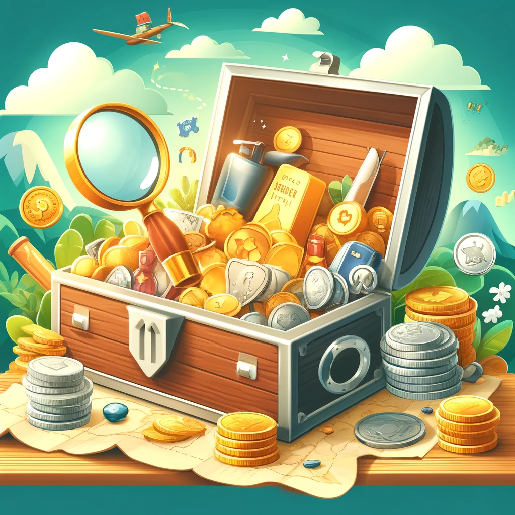 A vibrant and adventurous thumbnail image for a blog post about investing in precious metals for kids, featuring a treasure chest filled with gold, silver, and platinum items like coins and jewelry, set against an engaging background with elements like a magnifying glass and a map, symbolizing exploration and learning.