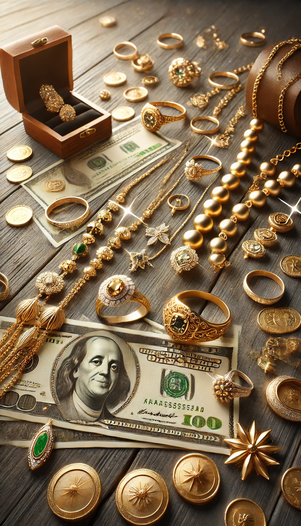 A tall, elegant image showing a realistic arrangement of gold and silver jewelry, including necklaces and rings, alongside scattered cash. The lighting and sparkle effects on the jewelry symbolize the excitement of uncovering the hidden value of forgotten pieces and turning them into cash.