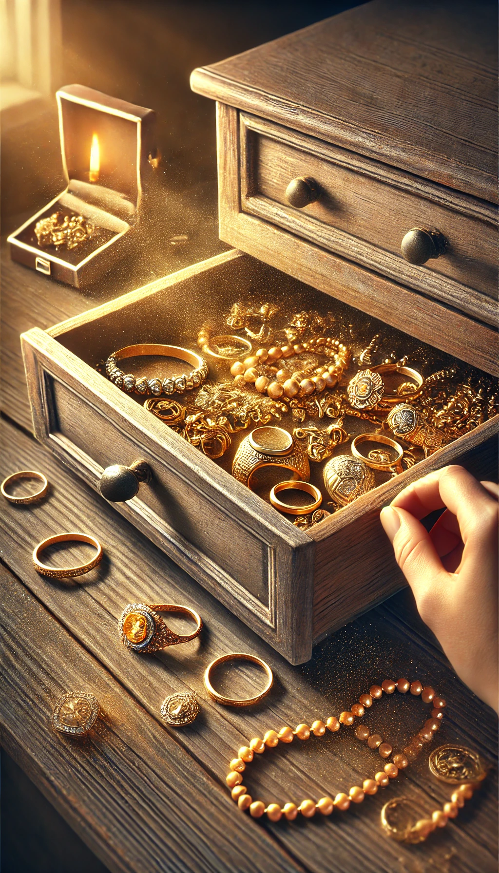 A tall image showing old gold and silver jewelry, such as necklaces and rings, tucked away in a dusty drawer or box. The drawer is being opened, revealing the forgotten treasures inside, symbolizing the rediscovery of hidden value and the potential for turning these pieces into cash.