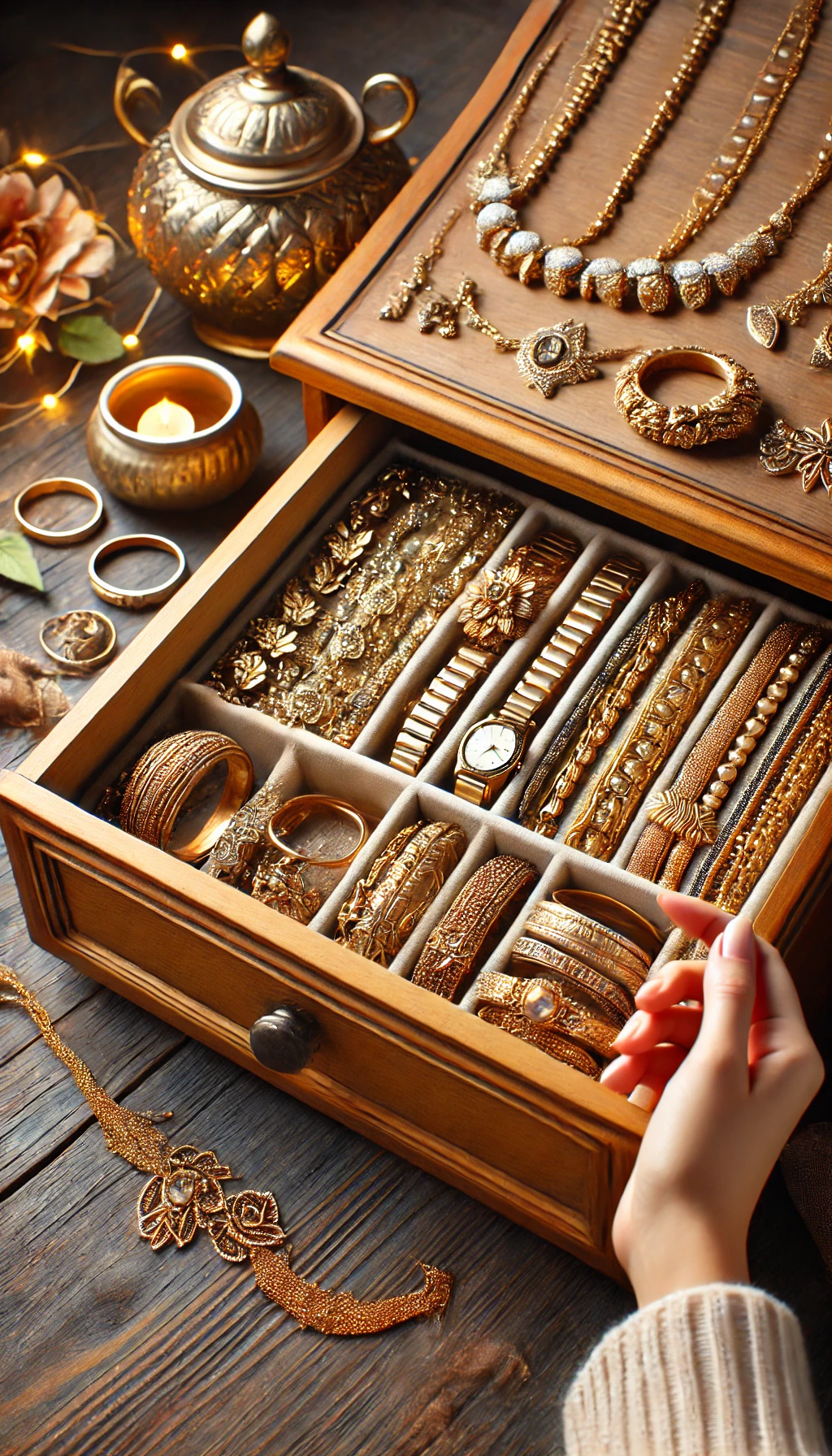 A tall image featuring a beautiful set of gold and silver jewelry, like necklaces, bracelets, or rings, stored in a drawer or jewelry box. The setting evokes a sense of nostalgia or sentimentality, symbolizing the idea of turning these unused inherited or gifted pieces into something more valuable, such as cash.