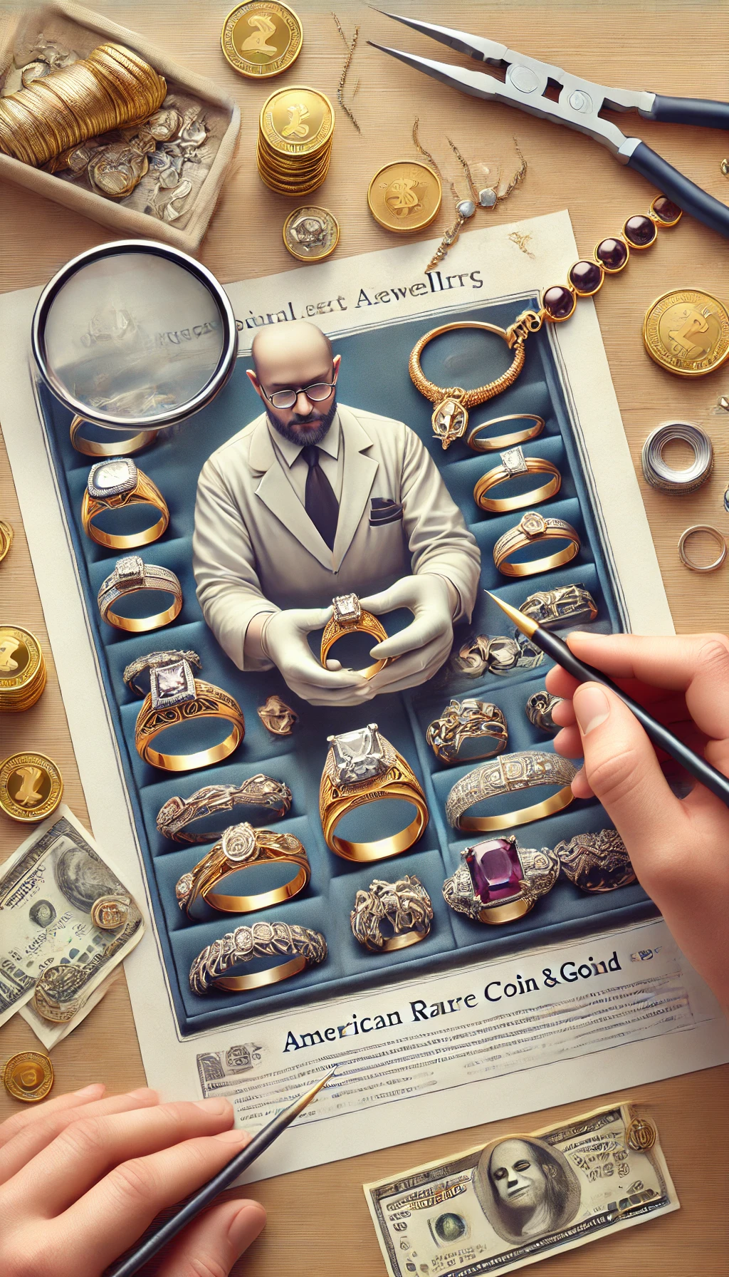 A photo-realistic image of a jeweler assessing rings, necklaces, and bracelets for metal content, gemstones, and overall condition in a professional and clean environment, representing the process of getting a fair cash offer for jewelry