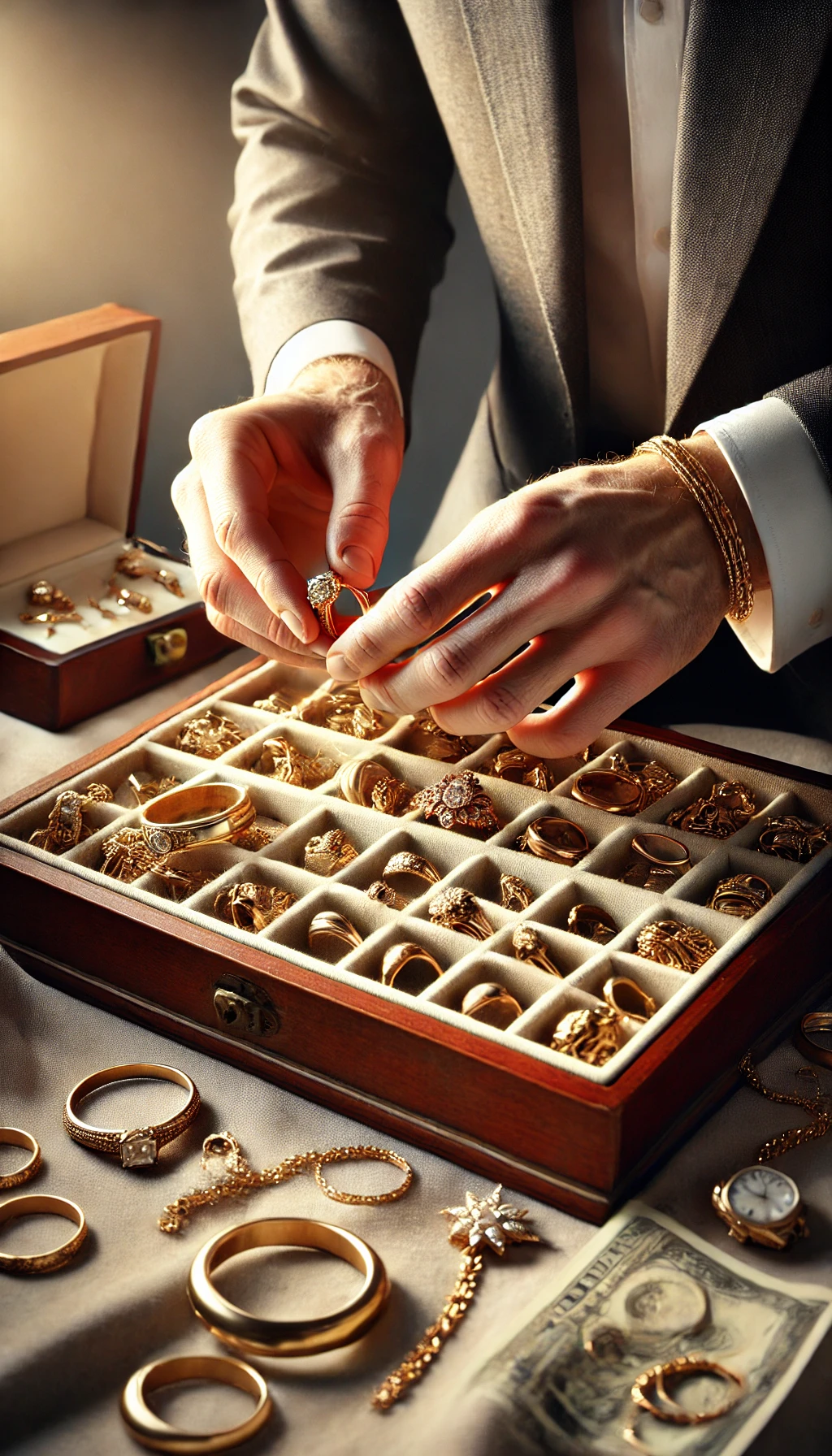 A photo-realistic image of someone carefully looking through a jewelry collection, discovering valuable gold rings, necklaces, and bracelets. The scene is set on a soft surface with natural lighting, symbolizing the excitement of finding hidden treasures worth extra cash.