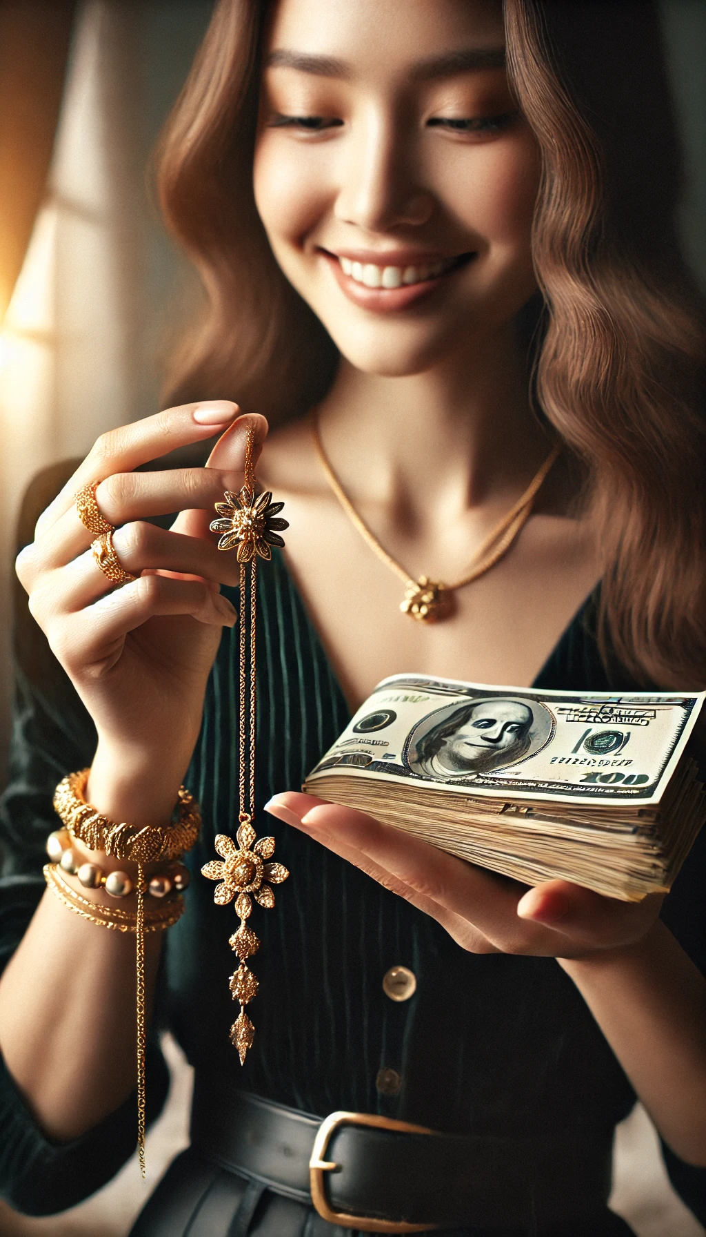 A highly photo-realistic and classy image showing a person holding a small pile of cash in one hand and old gold jewelry in the other. The elegant atmosphere, with soft lighting and refined details, symbolizes the satisfaction of turning forgotten treasures into extra money.