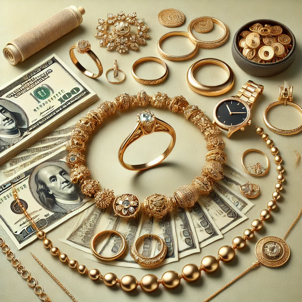 A clean and classy thumbnail image featuring an elegant display of gold jewelry, including rings, necklaces, and bracelets, with subtle accents of cash in the background. The image has a luxurious and inviting tone, perfect for linking to a blog post about selling old jewelry for cash