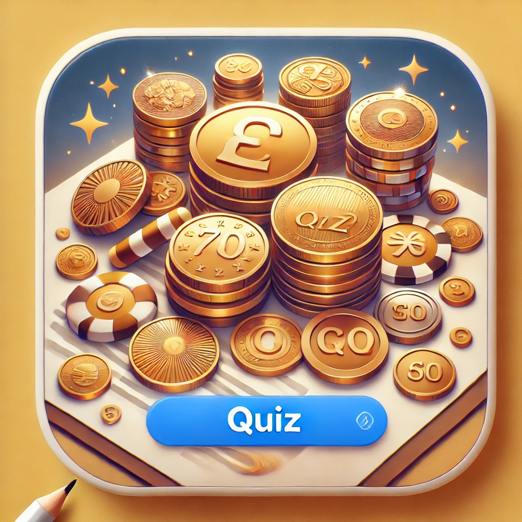 A fun and engaging thumbnail featuring a variety of coins in different sizes and designs, dynamically arranged on a clean background with soft lighting, perfect for a coin quiz.