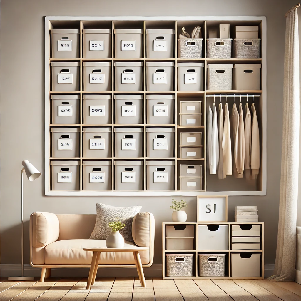 A neatly organized living room featuring labeled bins, vertical shelving, and multifunctional furniture, showcasing smart storage solutions for downsizing.