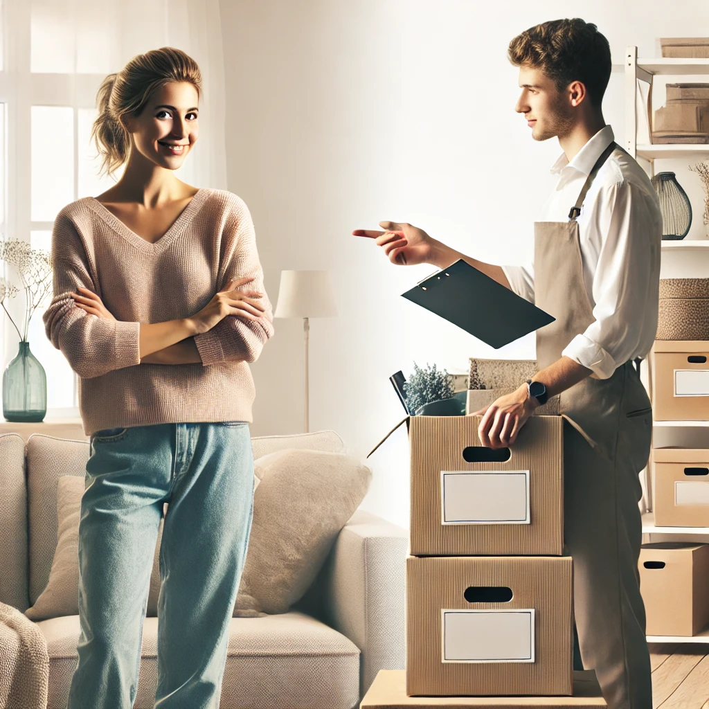 A serene scene of a professional organizer assisting a client, emphasizing the benefits of positivity and expert help in downsizing.