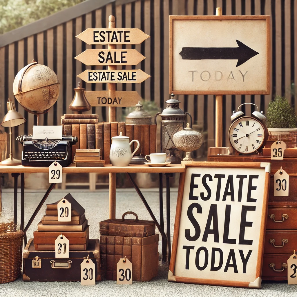 An image showcasing a neatly organized estate sale layout with labeled categories for efficient planning and staging. Perfect for promoting estate sale tips and strategies.