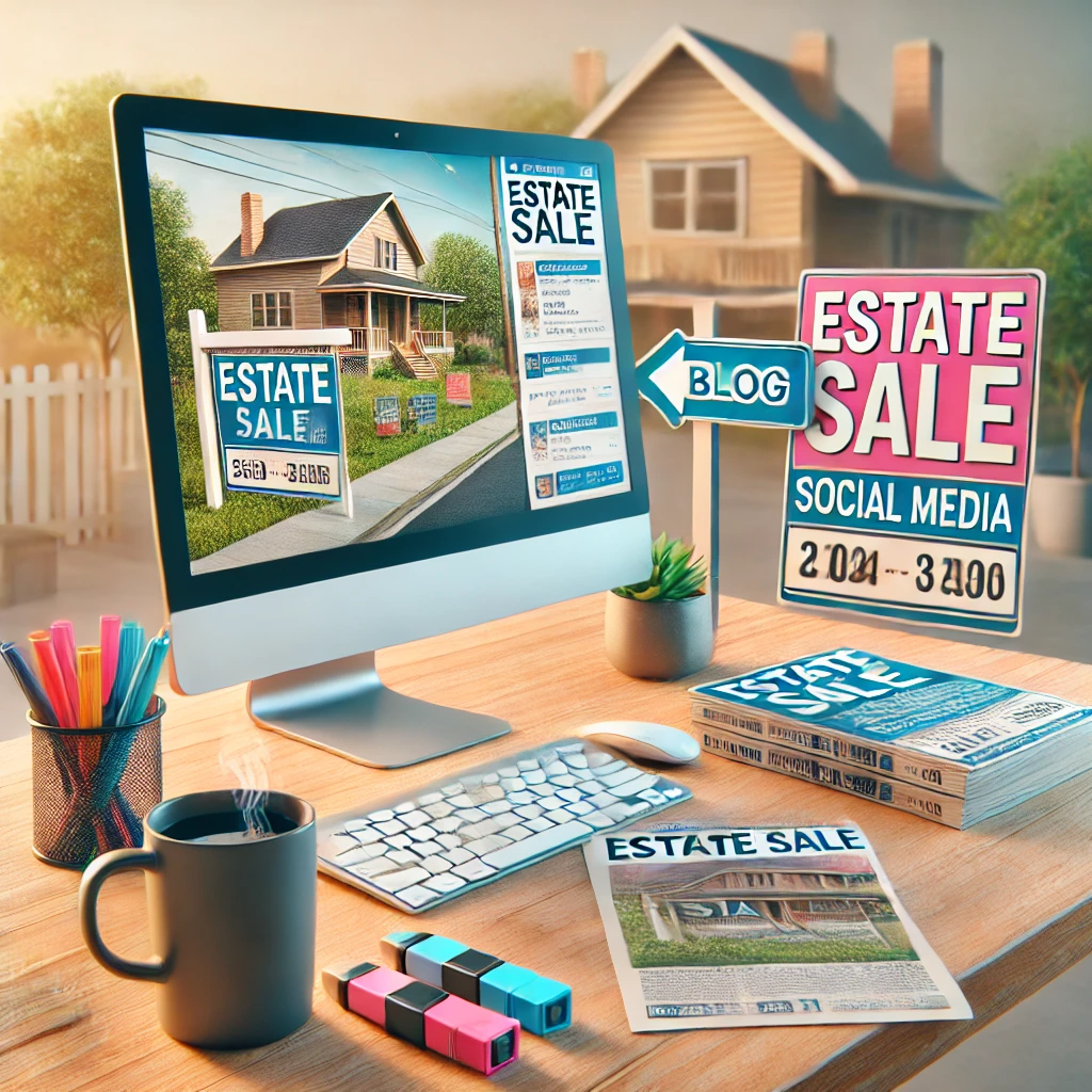 A creative image highlighting estate sale advertising methods, including signage, print media, and online presence to attract buyers and boost sales.