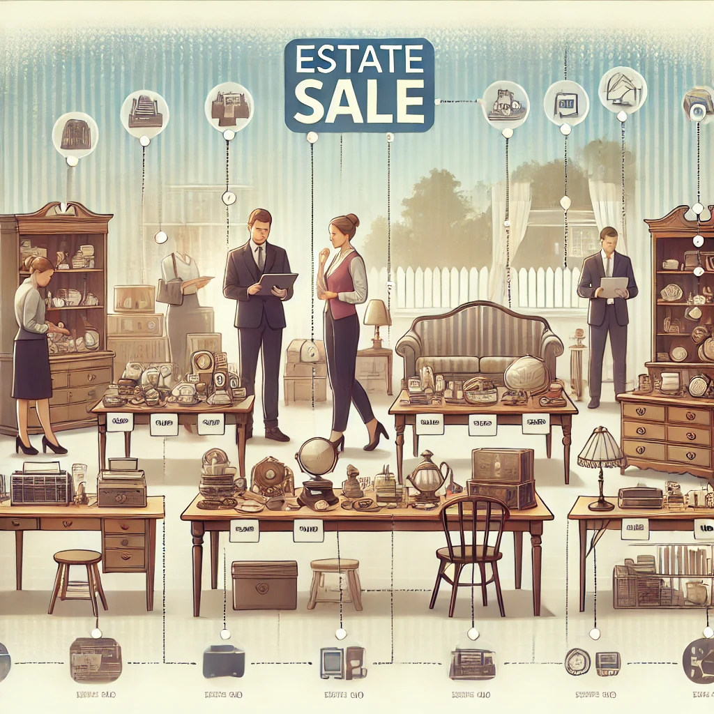 A well-structured estate sale featuring organized tables, friendly staff assisting buyers, and a secure, welcoming atmosphere.