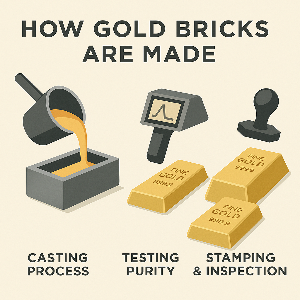 Illustration showing the gold brick production process: molten gold casting, purity testing, and final stamping with serial markings.