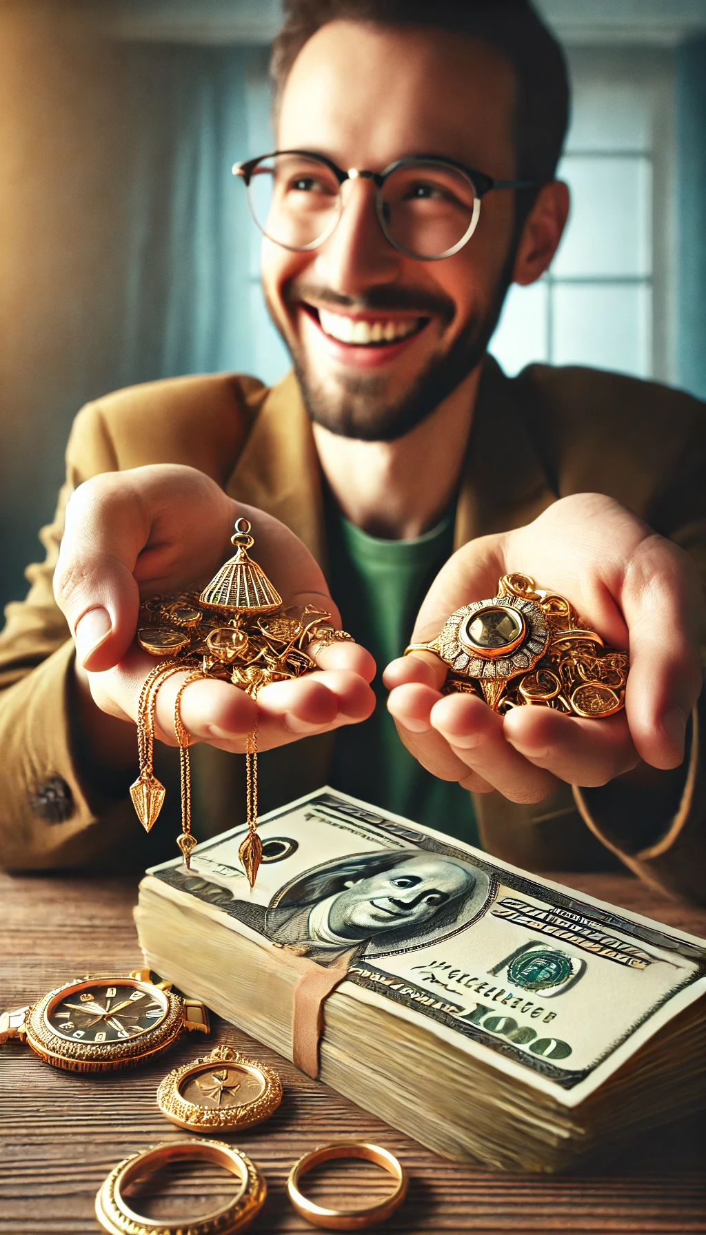 A photo-realistic image showing a person happily holding cash in one hand and old gold jewelry in the other. The bright and uplifting atmosphere symbolizes the joy and satisfaction of successfully turning forgotten jewelry into extra money.