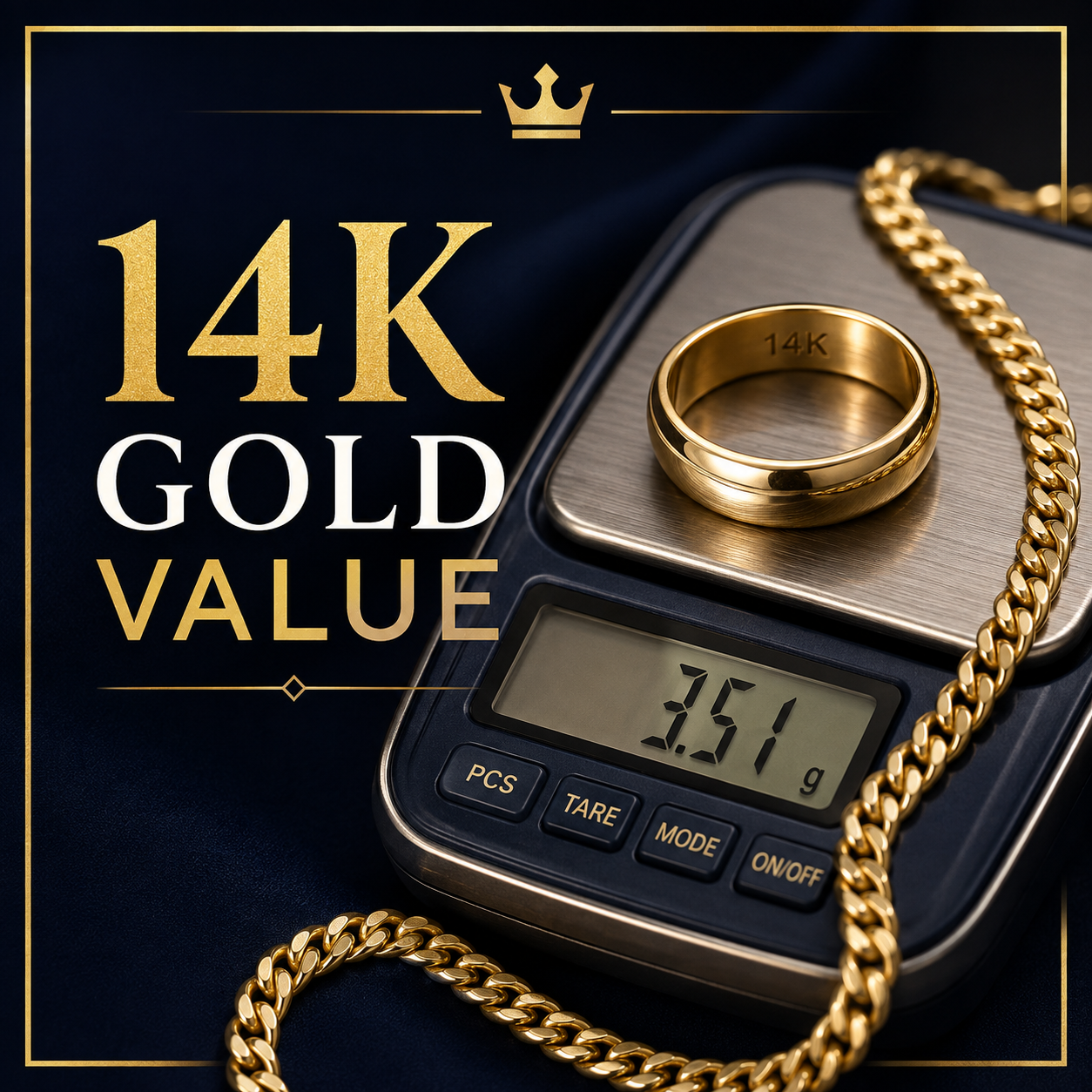 ring and gold chain on a scale. this is the navigation image for our blog on 14k gold