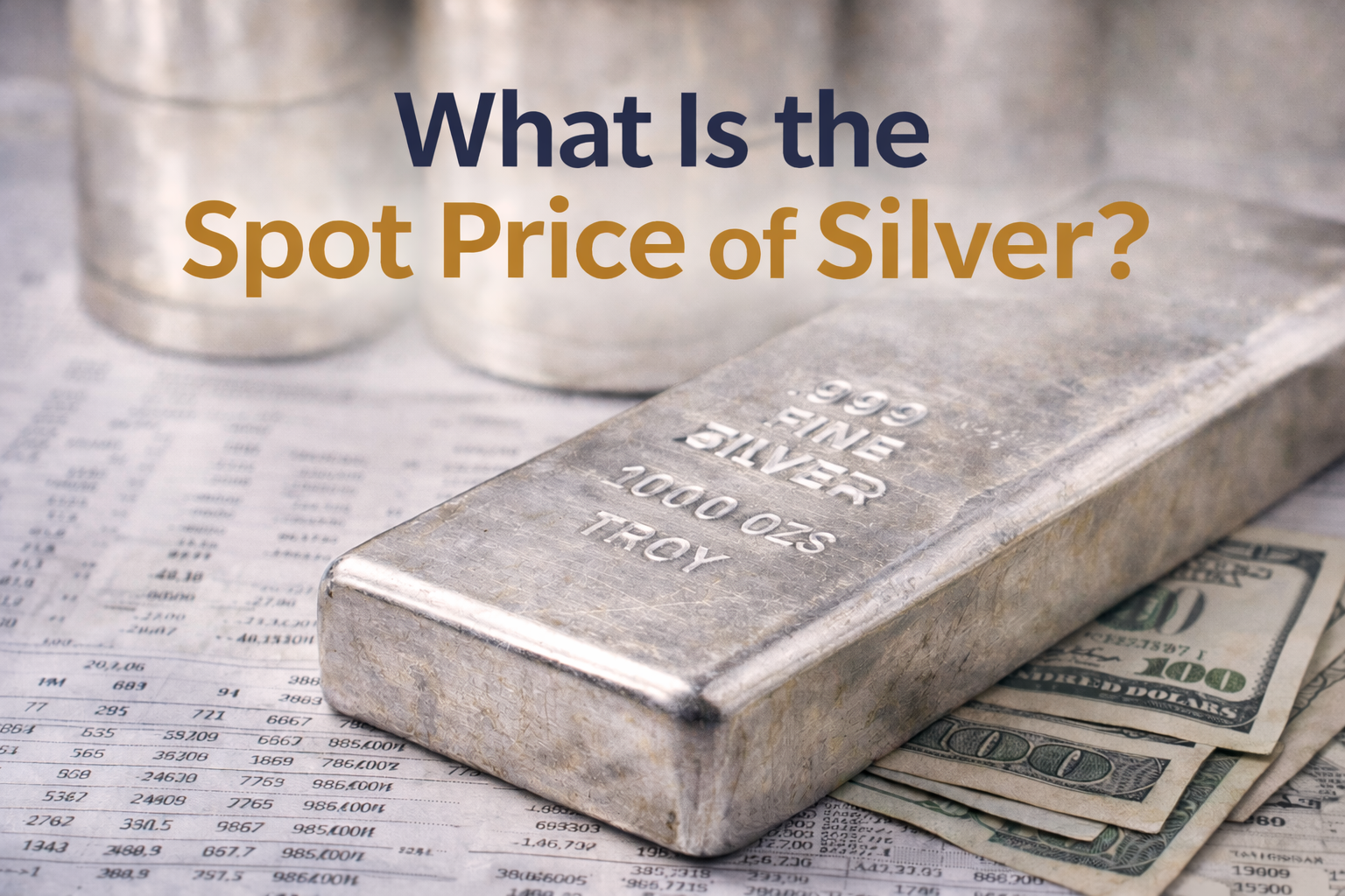 Large silver bullion bar and stacked coins representing the global silver spot price benchmark used in wholesale markets.