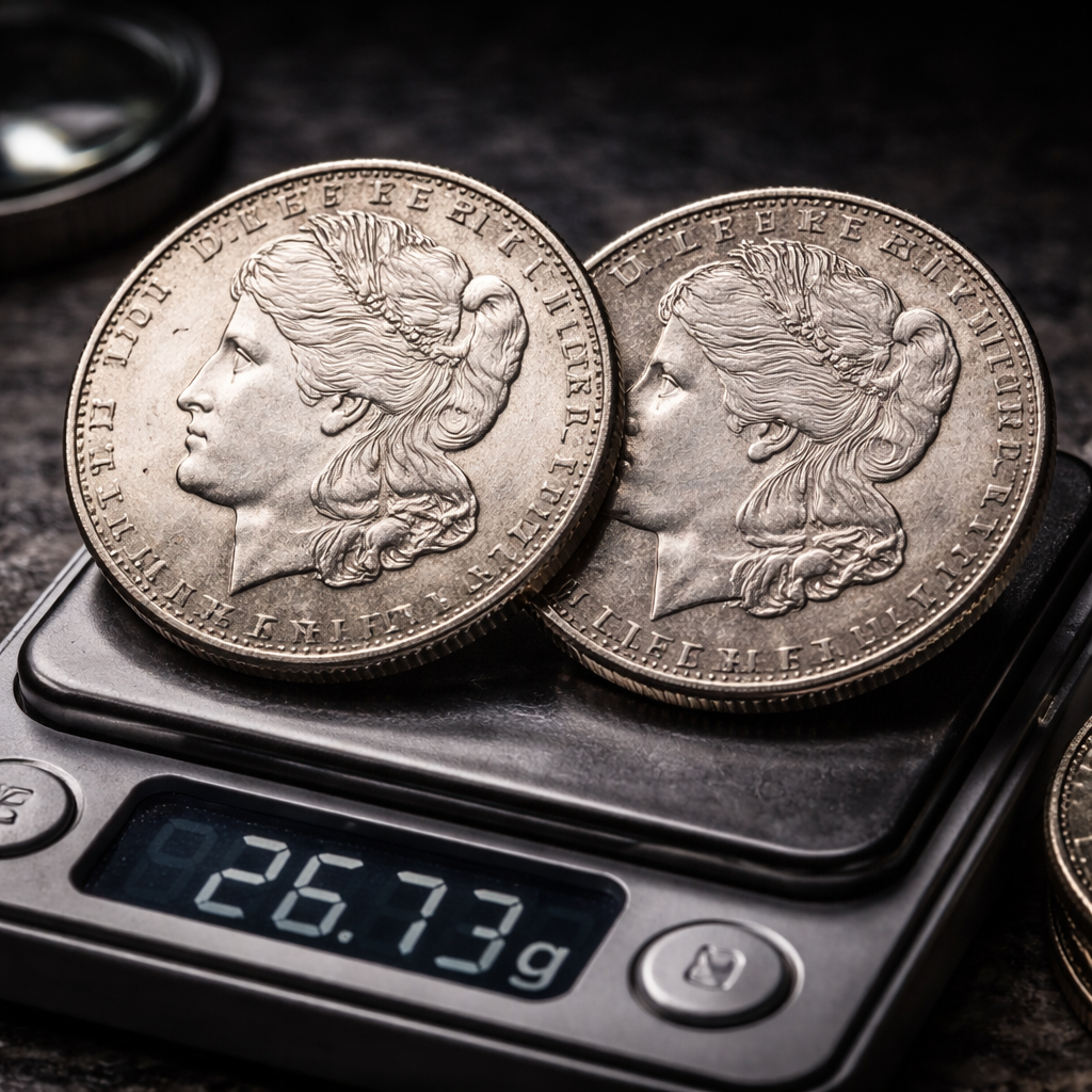 Two Morgan silver dollar coins on a scale showing detail differences used to identify counterfeit coins