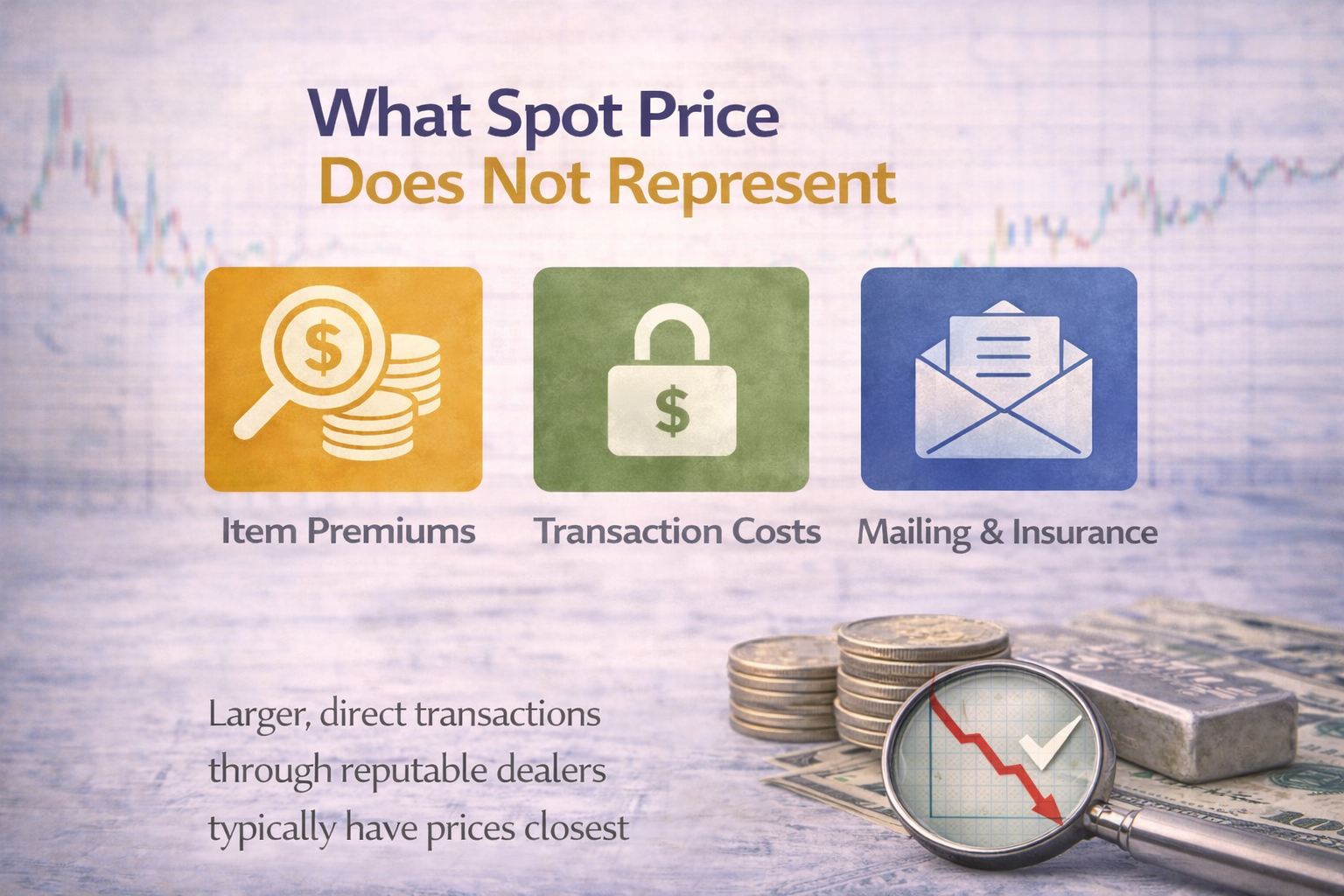 Graphic illustrating premiums, transaction costs, and additional fees that are not included in the silver spot price.