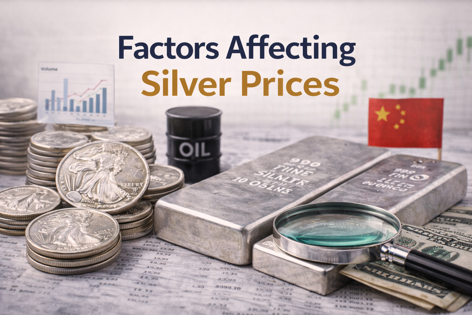 Silver coins and bullion displayed with pricing indicators to represent the retail buy price customers pay above spot.