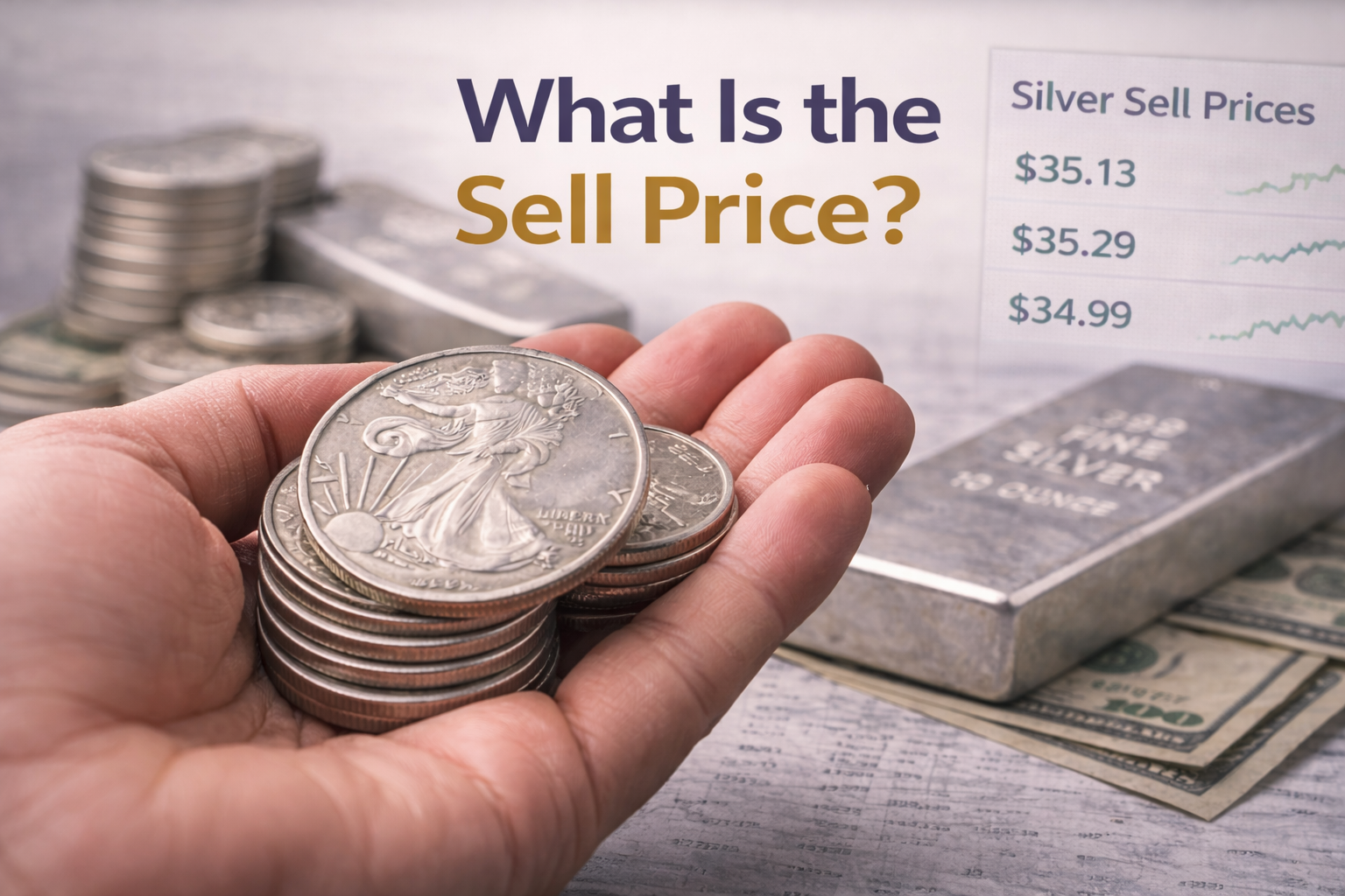 Stacks of silver coins with downward price indicator showing why dealer buyback prices may be below spot price.
