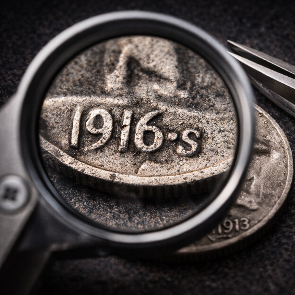 Coin mint mark under magnification showing signs of alteration on a rare key date coin